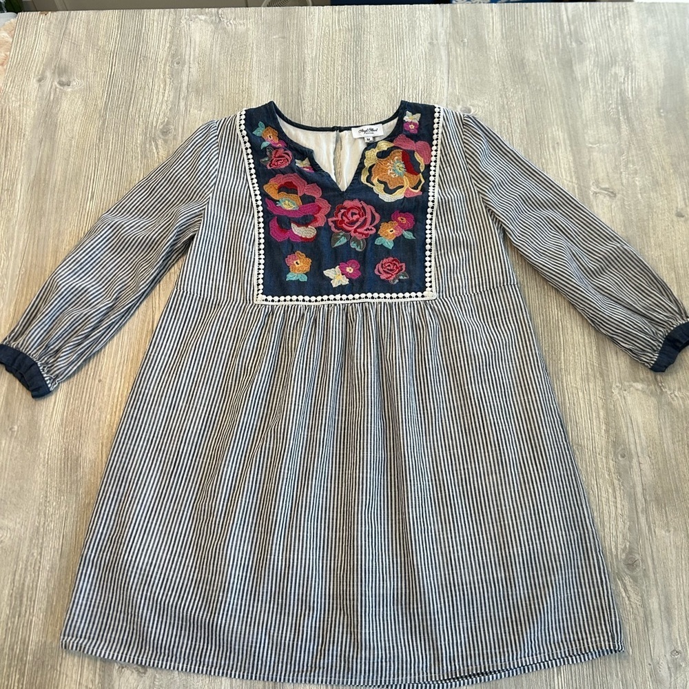 Angel Heart Vibrant Floral Embroidered Striped Lined Tunic or Dress Medium Boho. - Picture 4 of 15